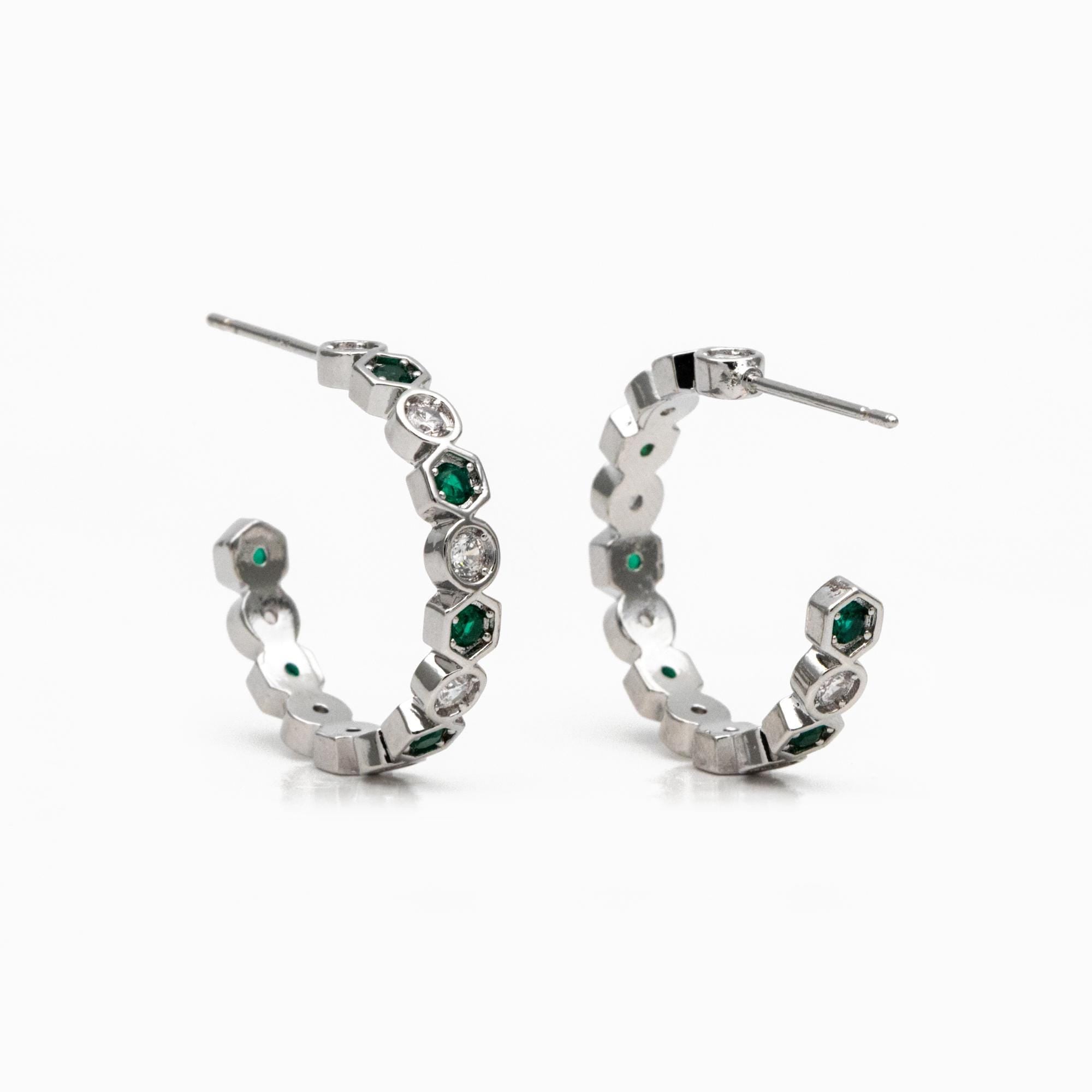 4pcs CZ Pave Gold/ Silver Round Circle Earrings, Gold/ Rhodium plated Brass, Geometric Hoop Stud Earrings (GB-4511)